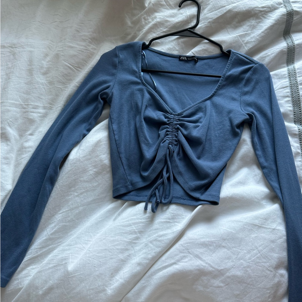 Blue Long Sleeve Crop Top